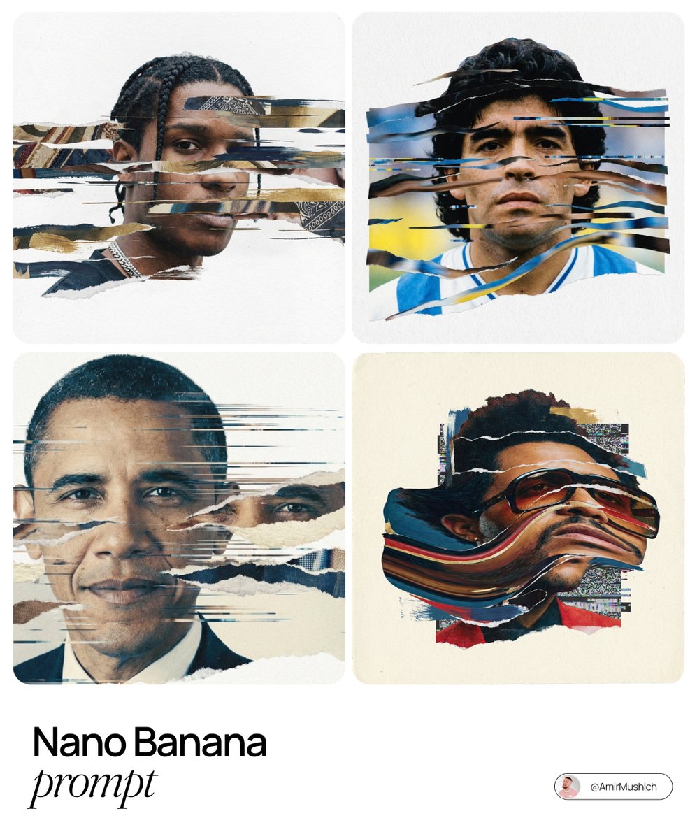 Glitch Art Celebrity Portraits: Modern Digital Collage Art Nano Banana提示词