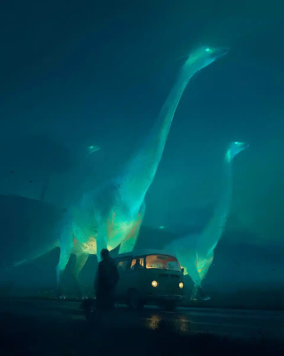 Surreal Dinosaurs Under Moonlight Midjourney提示词