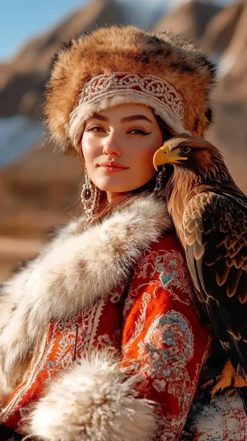 Kazakh Woman with Eagle Midjourney提示词