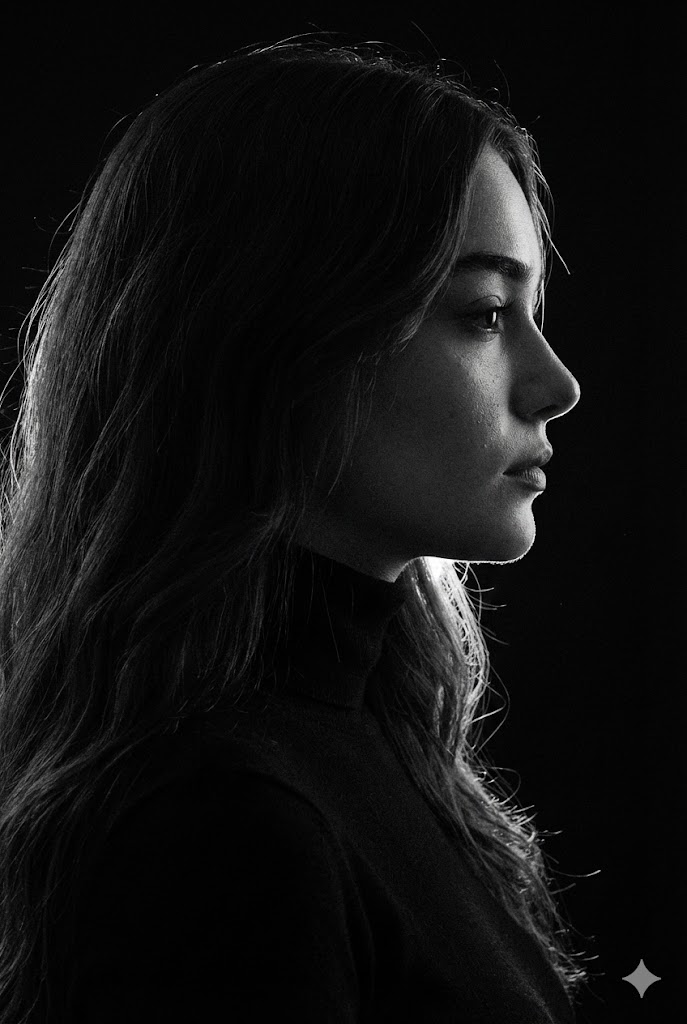 Black & White Profile Portrait of Woman - Dramatic Lighting Nano Banana提示词