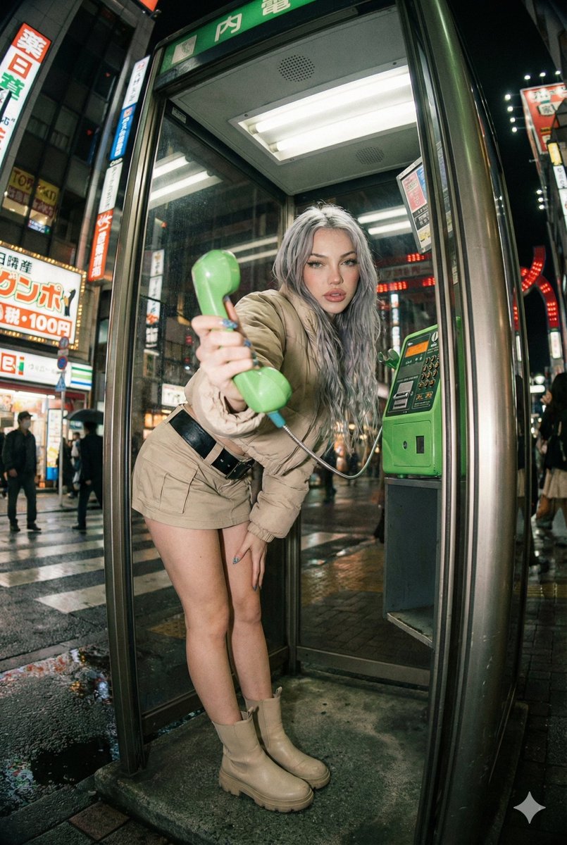 Urban Fashion Portrait: Woman in Tokyo Phone Booth Night Nano Banana提示词