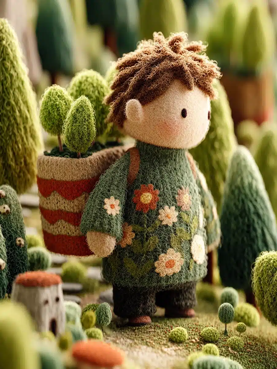 Miniature Boy with Saplings Midjourney提示词