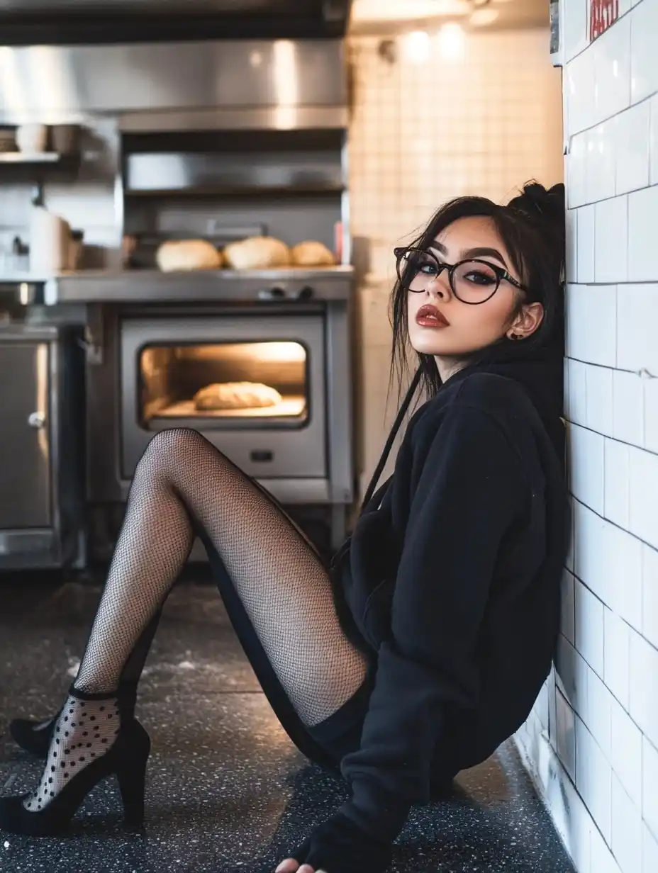 Woman in Hoodie in Kitchen Midjourney提示词