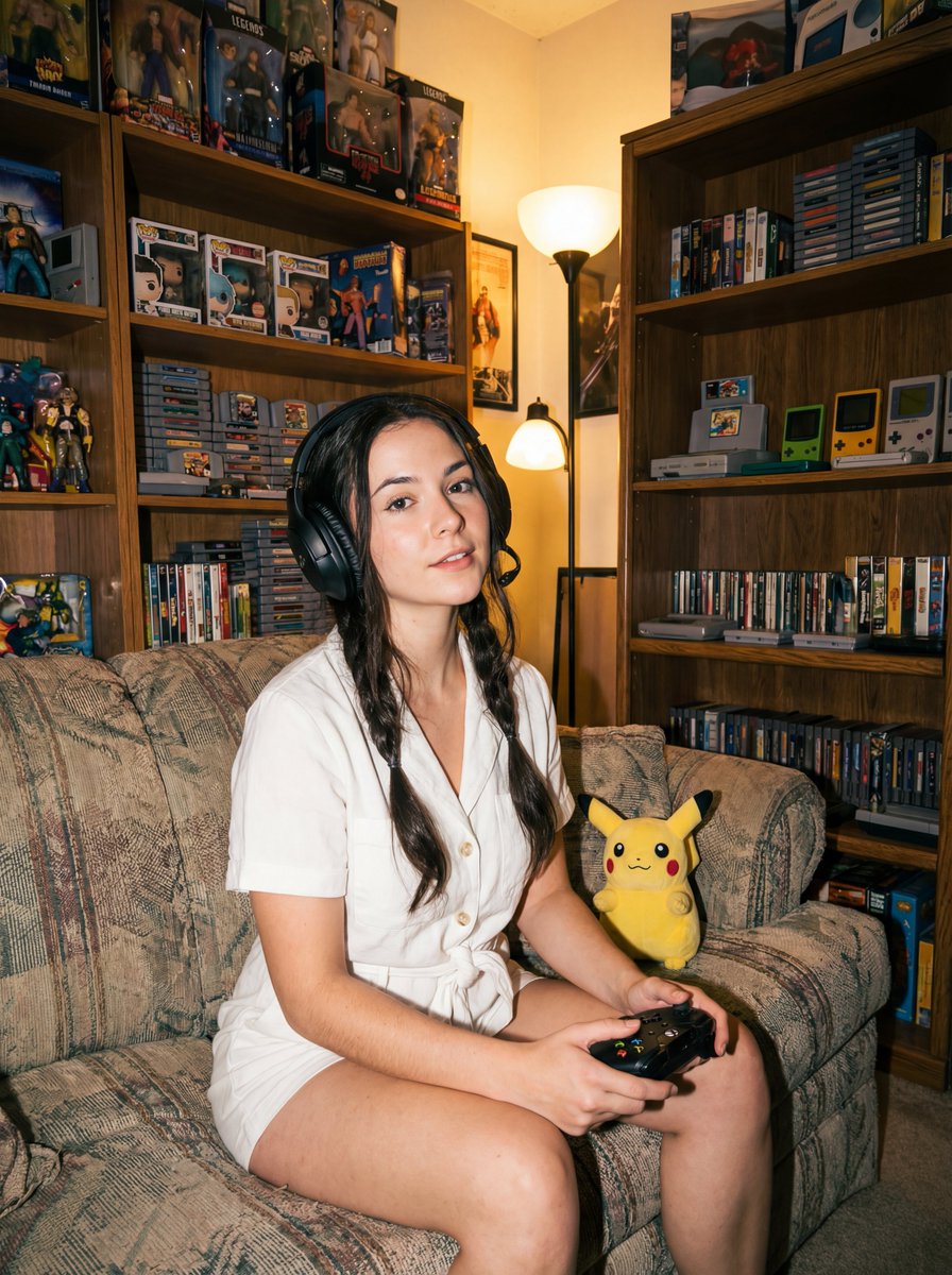 Gamer Girl with Retro Video Game Collection Nano Banana提示词