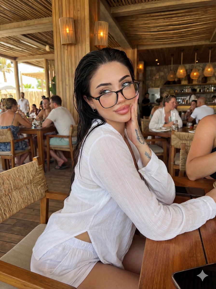 Casual Woman Portrait at Resort Restaurant with Glasses Nano Banana提示词