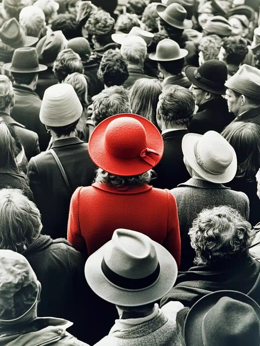 Red Hat Among Crowd Midjourney提示词