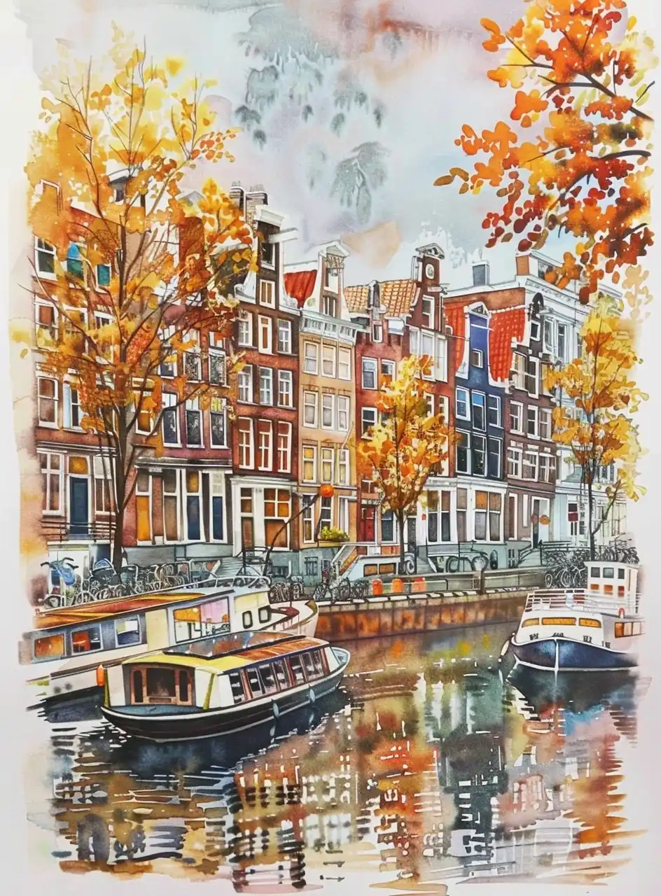 Watercolor Amsterdam in Autumn Midjourney提示词