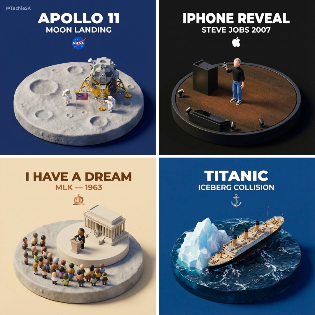 Famous Events 3D Miniatures: Apollo 11, iPhone, MLK, Titanic Nano Banana提示词