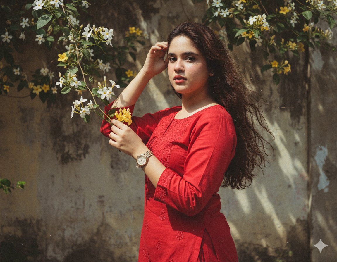 Young Woman in Red Kurta: Outdoor Portrait with Flowers Nano Banana提示词
