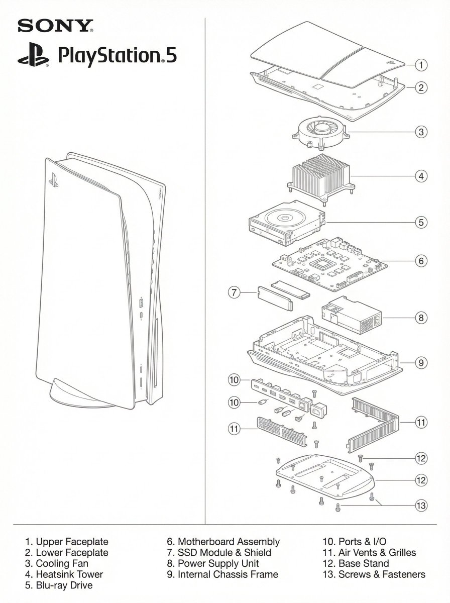 PlayStation 5 Exploded View Diagram - PS5 Components Nano Banana提示词