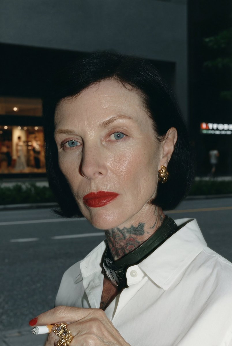 Urban Portrait: Woman with Tattoos, Red Lipstick & Cigarette Nano Banana提示词