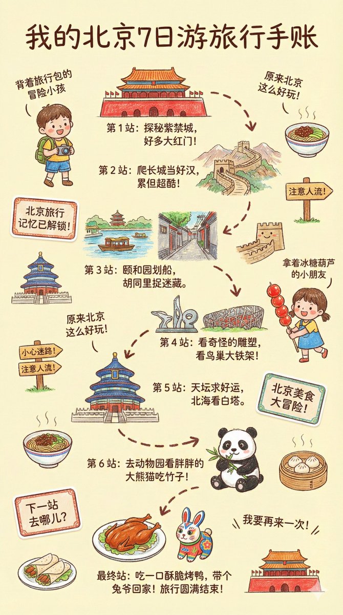 Beijing 7-Day Travel Itinerary: Illustrated Guide to Landmarks Nano Banana提示词