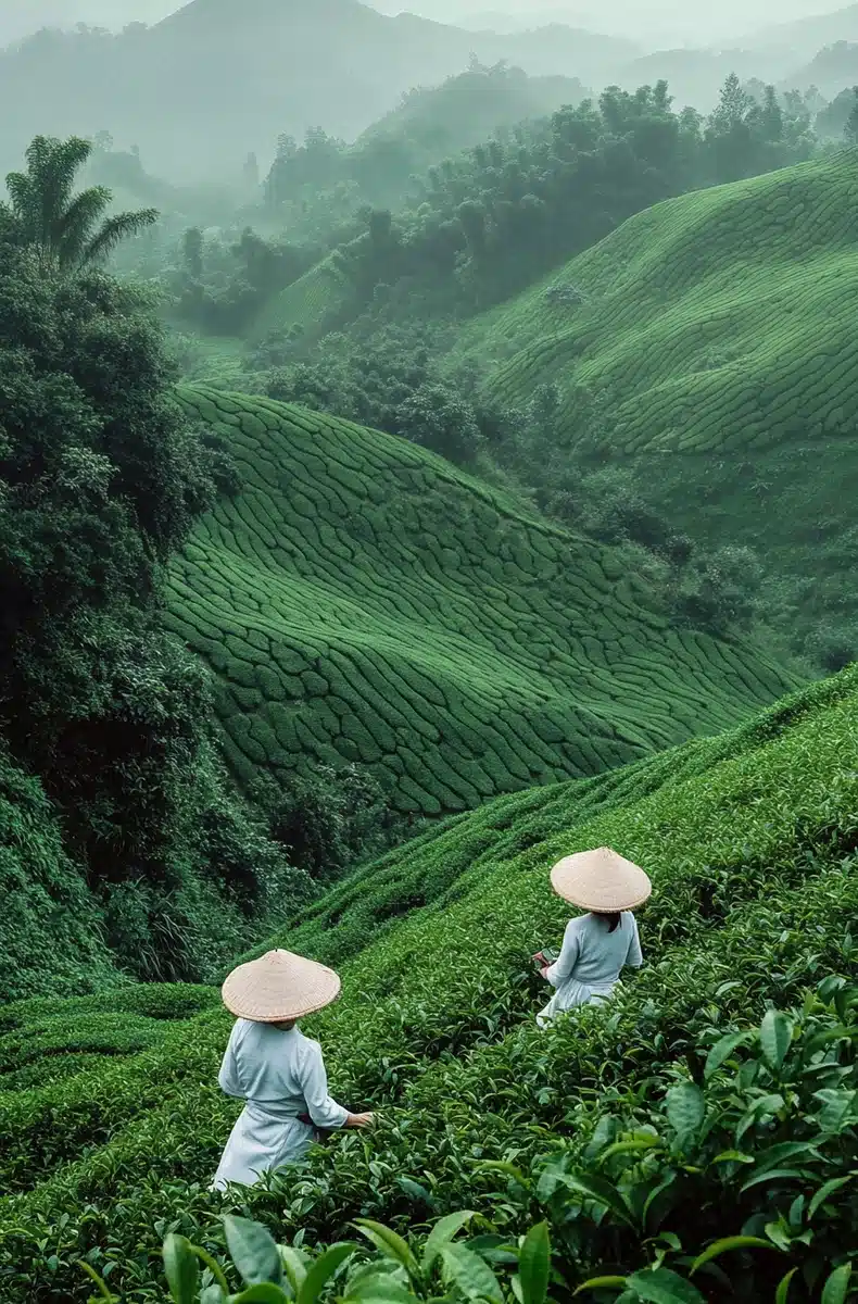 Tea Pickers in Misty Hills Midjourney提示词
