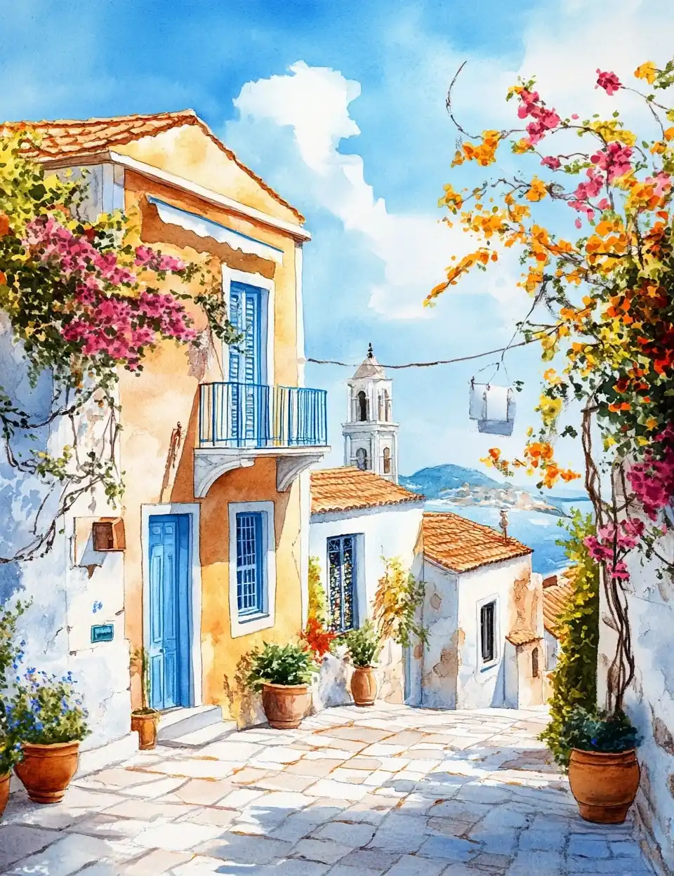 Watercolor Cyprus Architecture Midjourney提示词