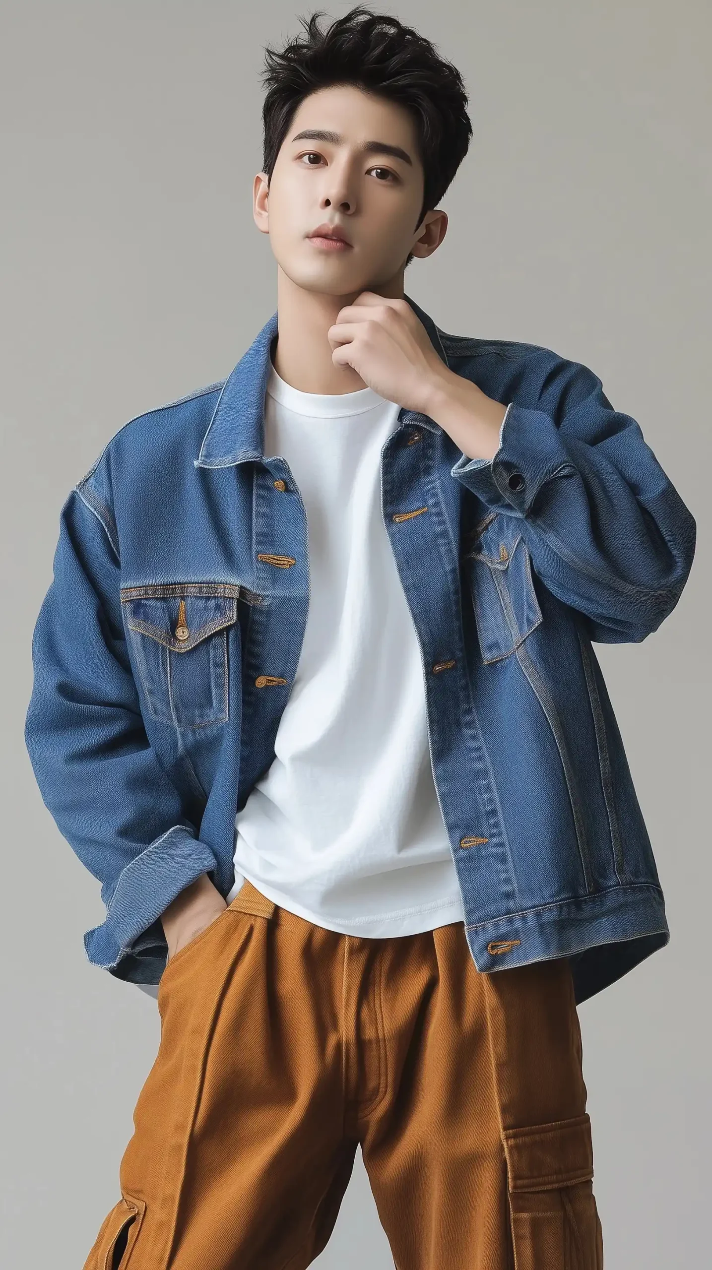 Korean Model in Oversized Jacket Midjourney 提示词生成效果