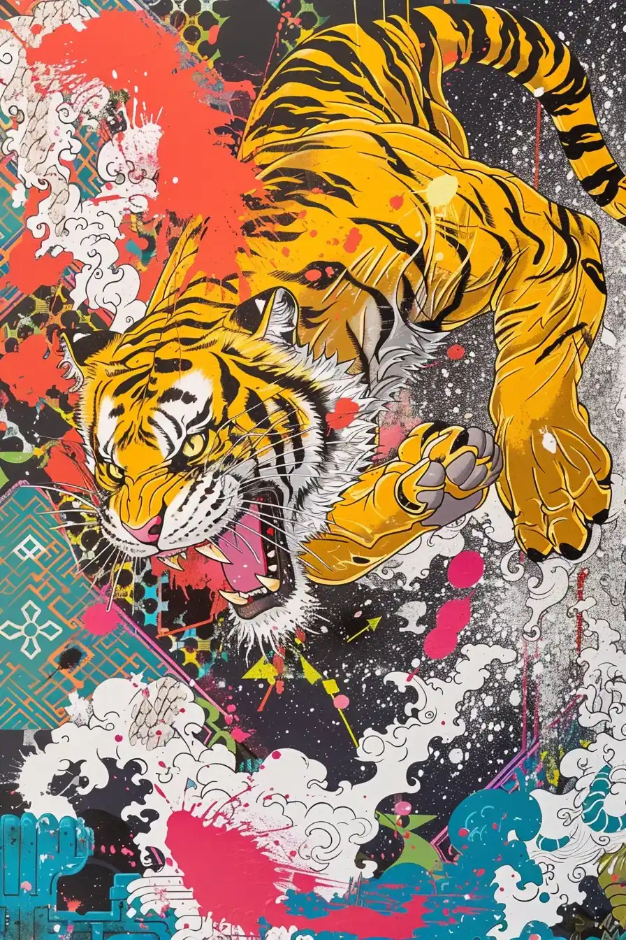 Dynamic Tiger in Aztec Style Midjourney提示词