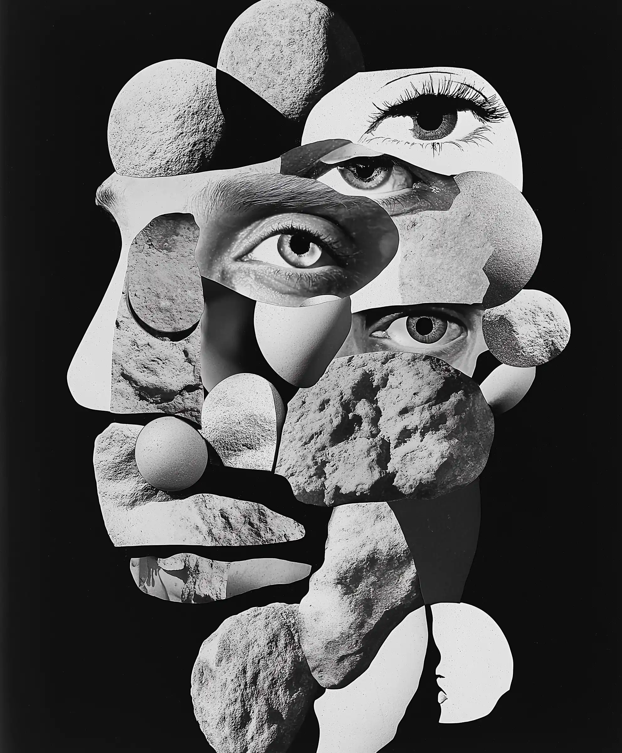 Surrealist Black and White Collage Midjourney提示词