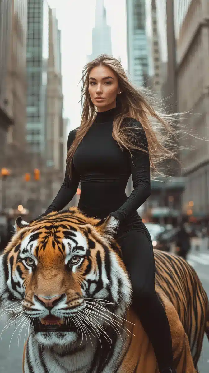 Sporty Woman Riding Tiger Midjourney提示词