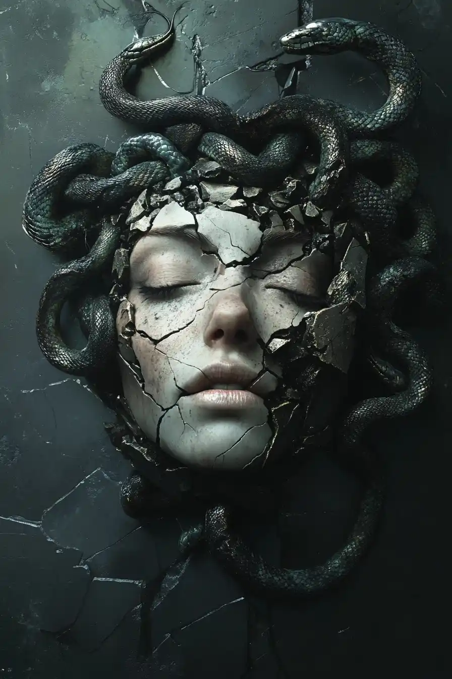 Surreal Medusa in Darkness Midjourney提示词