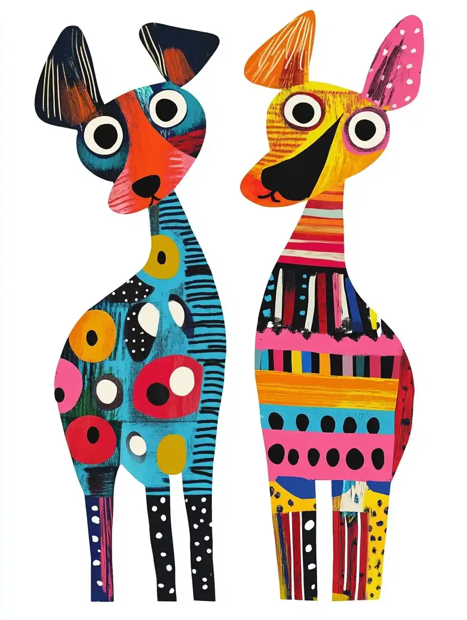 Colorful Cartoon Dogs Midjourney提示词