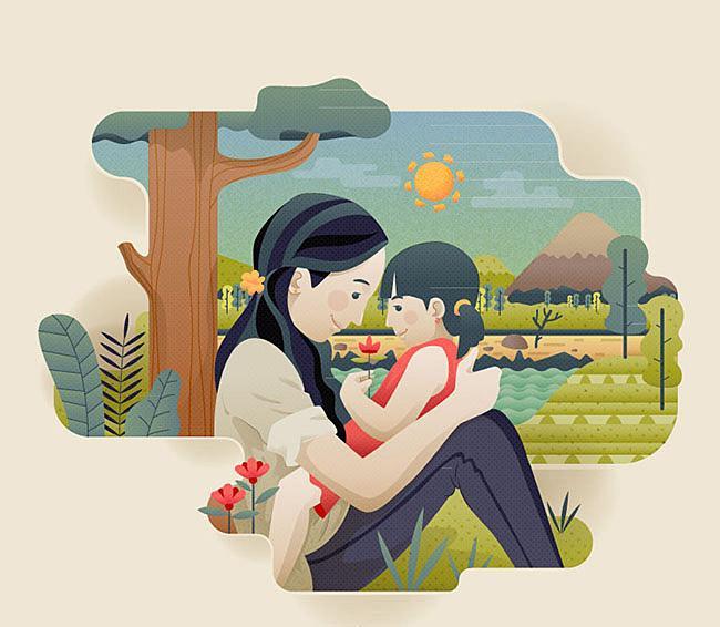 温馨母女插画