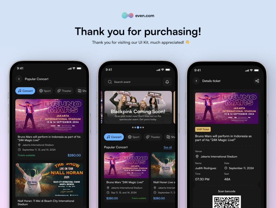 Booking Ticket Event App - UI Kit 100+屏幕预订门票活动App - UI工具包