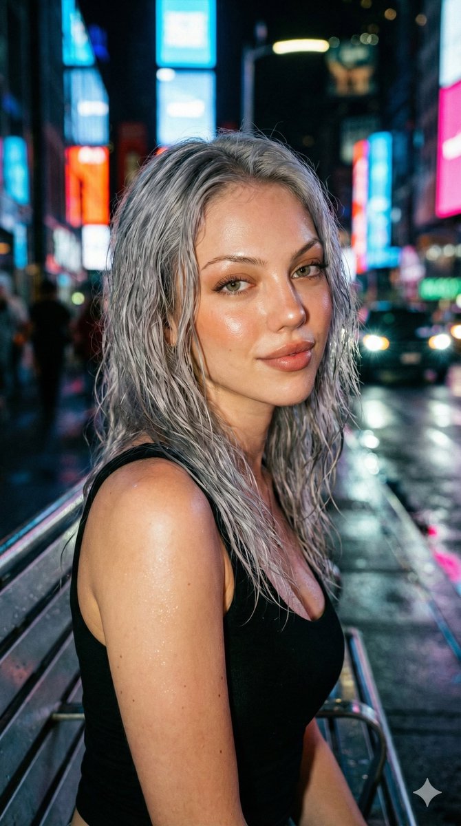 Wet Hair Portrait: Urban Night City, Neon Lights Nano Banana提示词