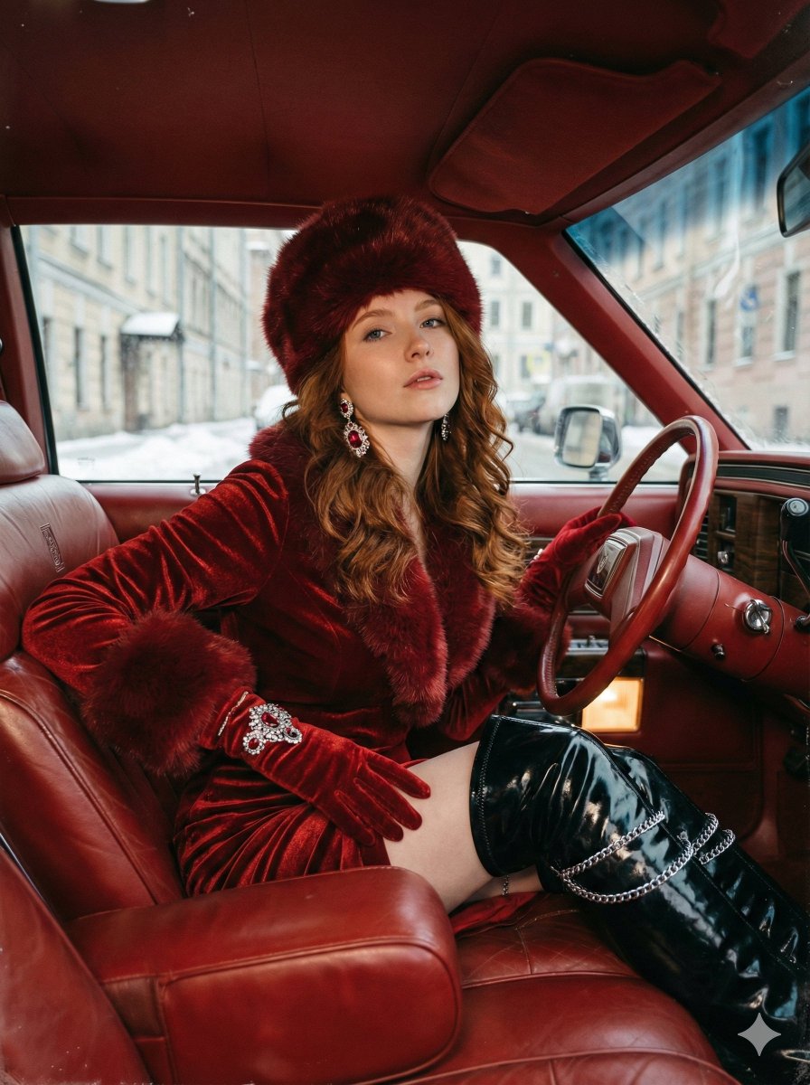 Red Velvet Fashion: Woman in Fur Hat & Thigh-High Boots Nano Banana提示词