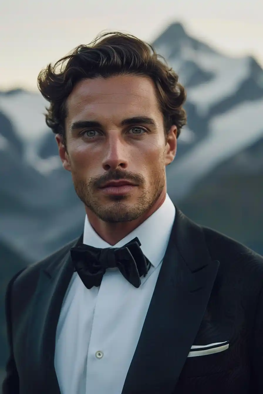 Hazel-Eyed Man in Tuxedo Midjourney 提示词生成效果