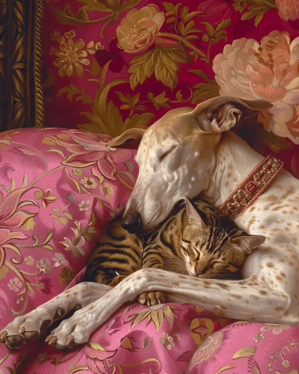 Rococo Greyhound and Cat Midjourney提示词