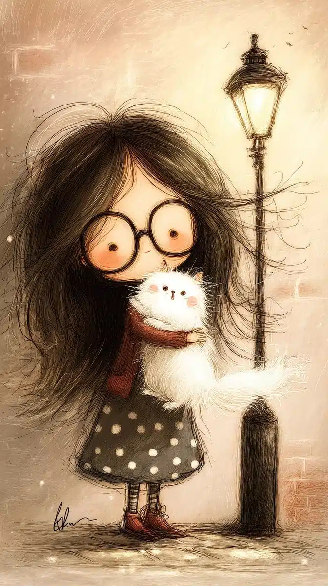 Whimsical Girl with Cat Midjourney提示词