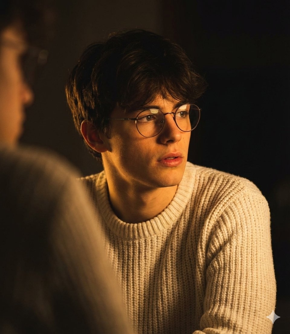 Pensive Young Man with Glasses in Warm Photorealistic Portrait Nano Banana提示词