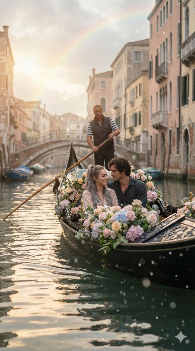 Romantic Venice Gondola Ride with Couple & Rainbow Nano Banana提示词