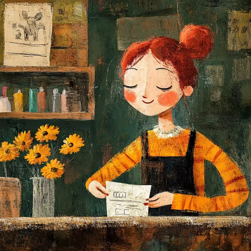 Carle-Style Woman Cashing Check Midjourney提示词
