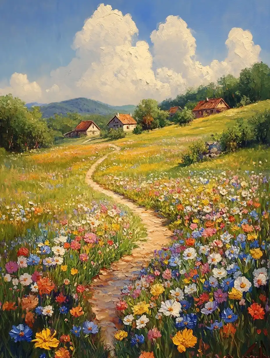 Vibrant Rural Landscape Painting Midjourney提示词