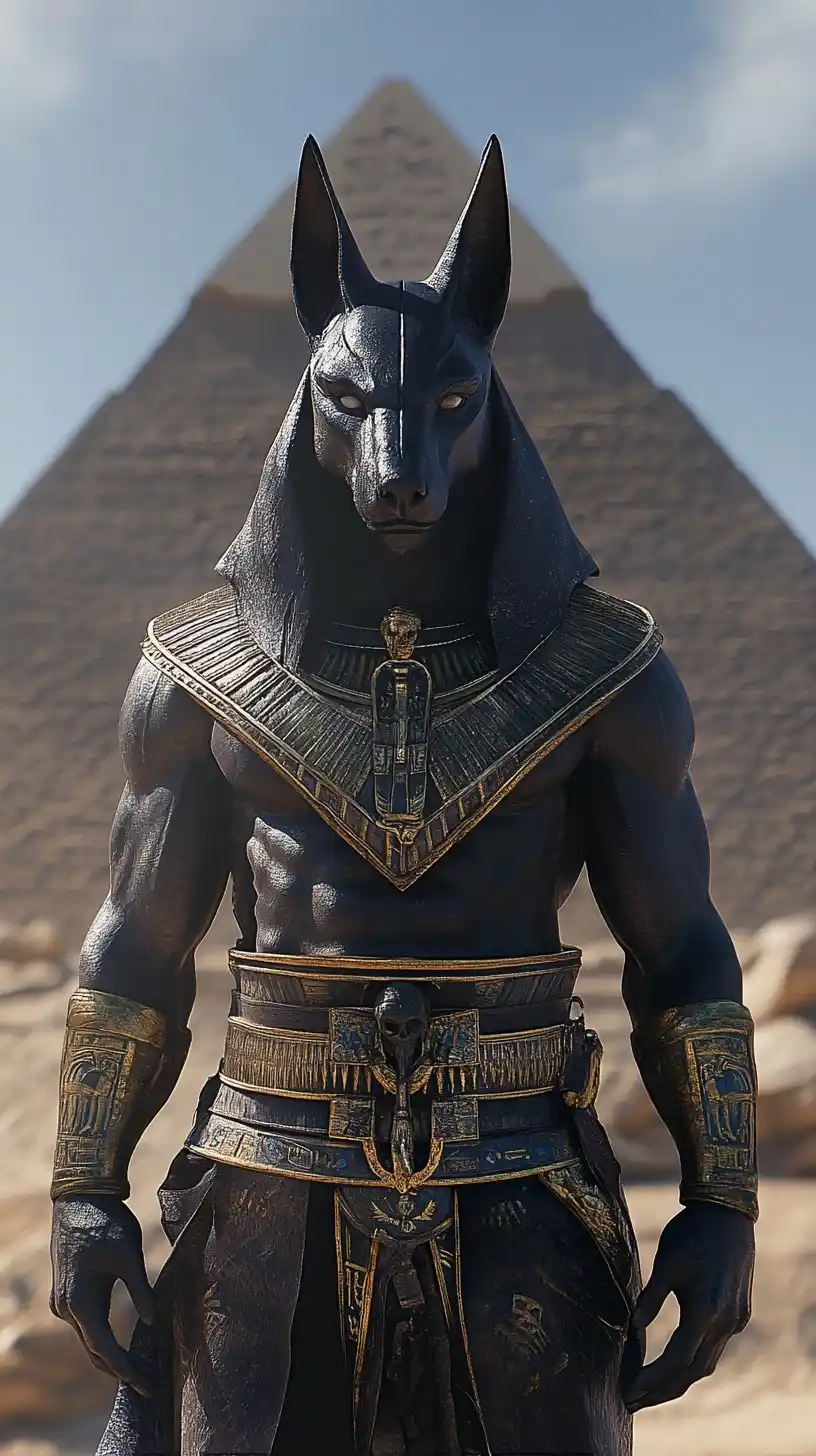 Realistic Anubis Before Pyramid Midjourney提示词