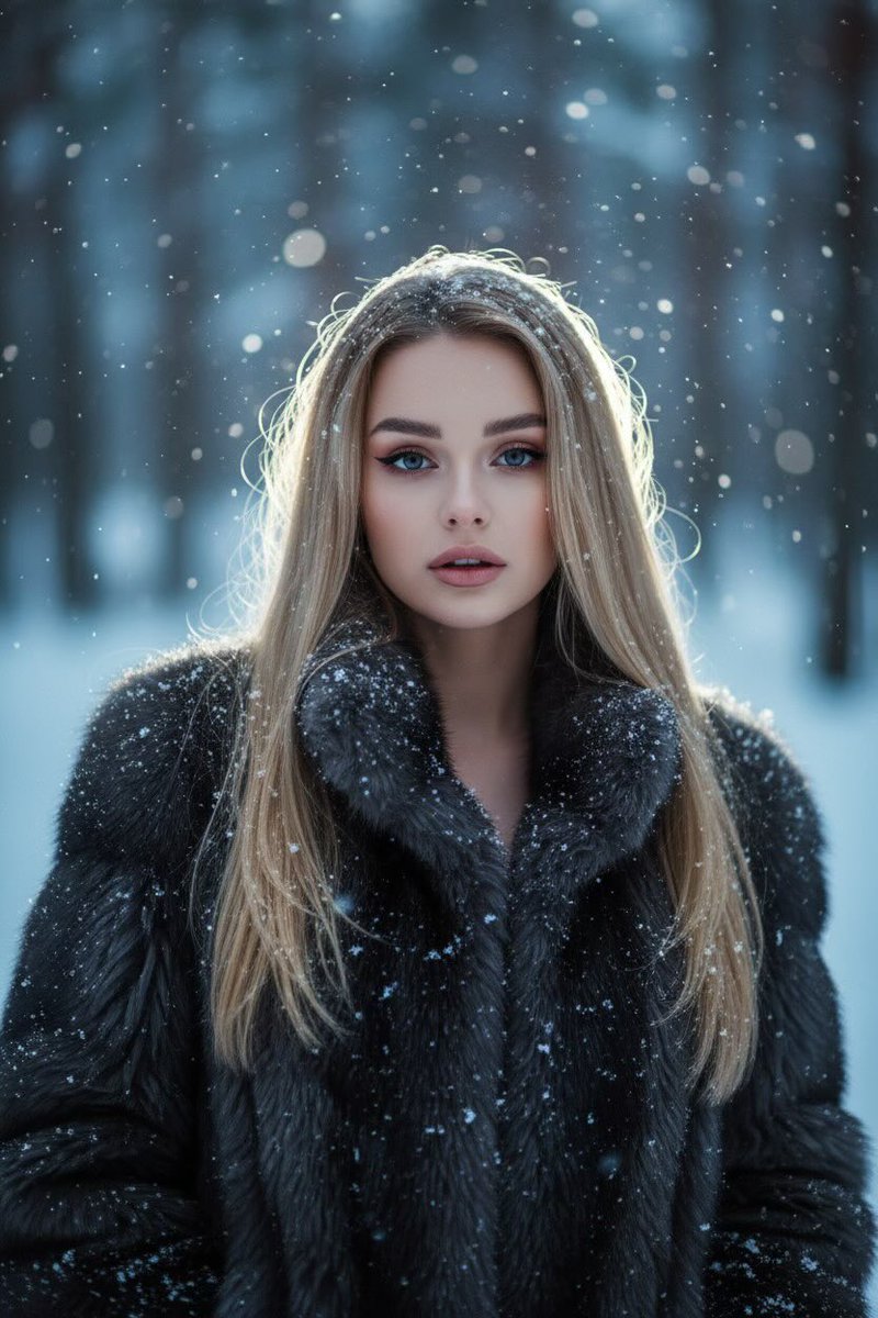 Serene Winter Portrait: Blonde Woman in Fur Coat & Snow Nano Banana提示词