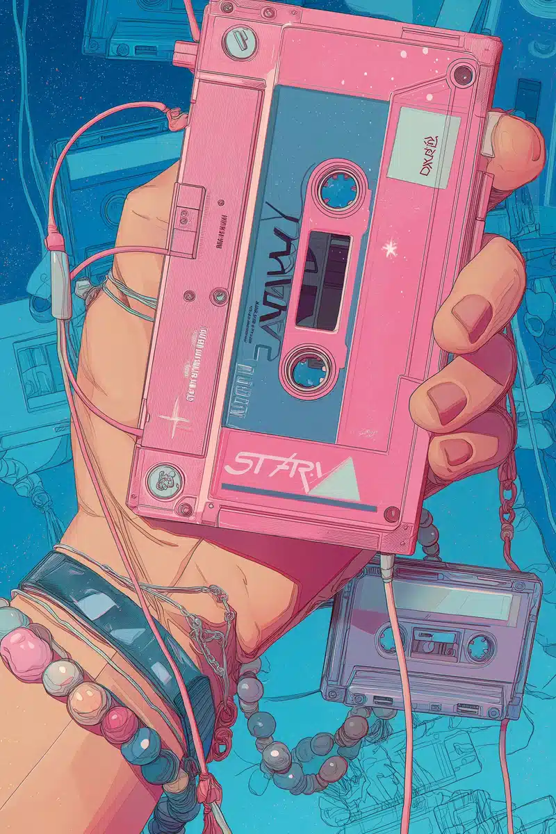 Cartoon Walkman with Tapes Midjourney提示词