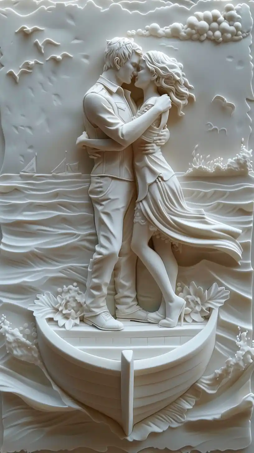 Bas-Relief Modern Couple on Boat Midjourney提示词