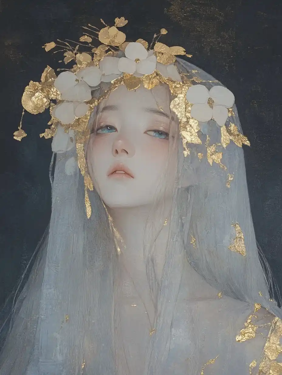 Elegant Girl with Floral Adornments Midjourney提示词