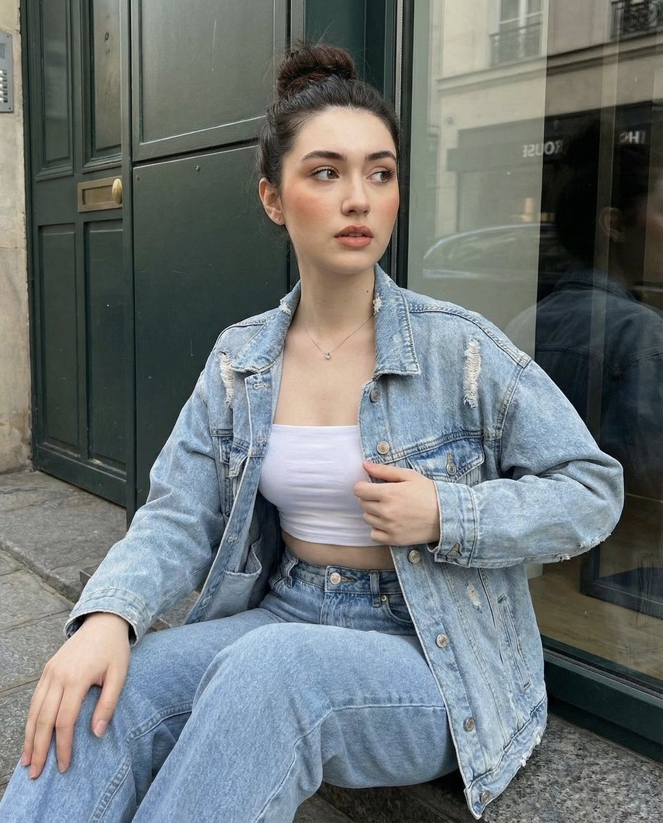 Stylish Young Woman in Denim Jacket & Crop Top Urban Shoot Nano Banana提示词