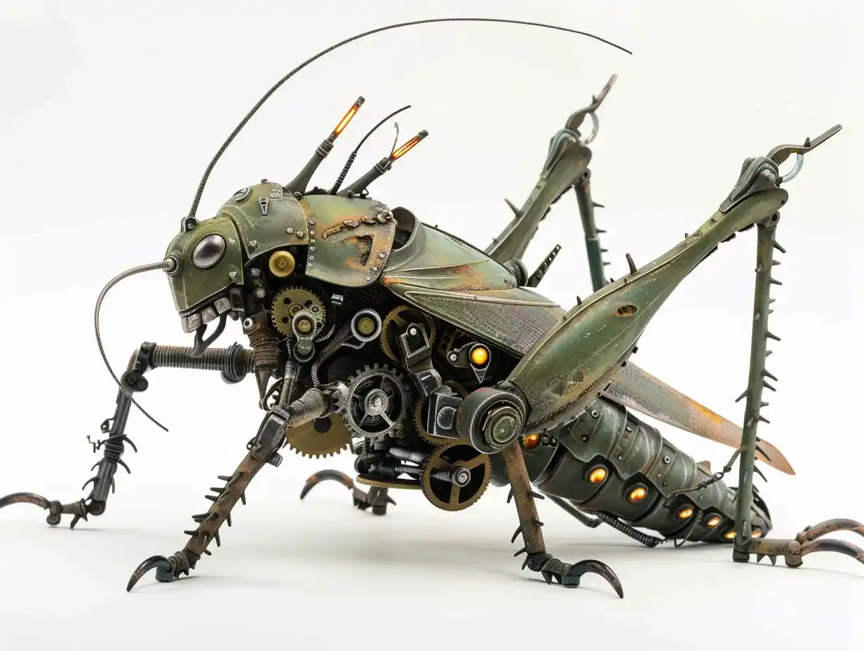 Mechanical Grasshopper in Action Midjourney提示词