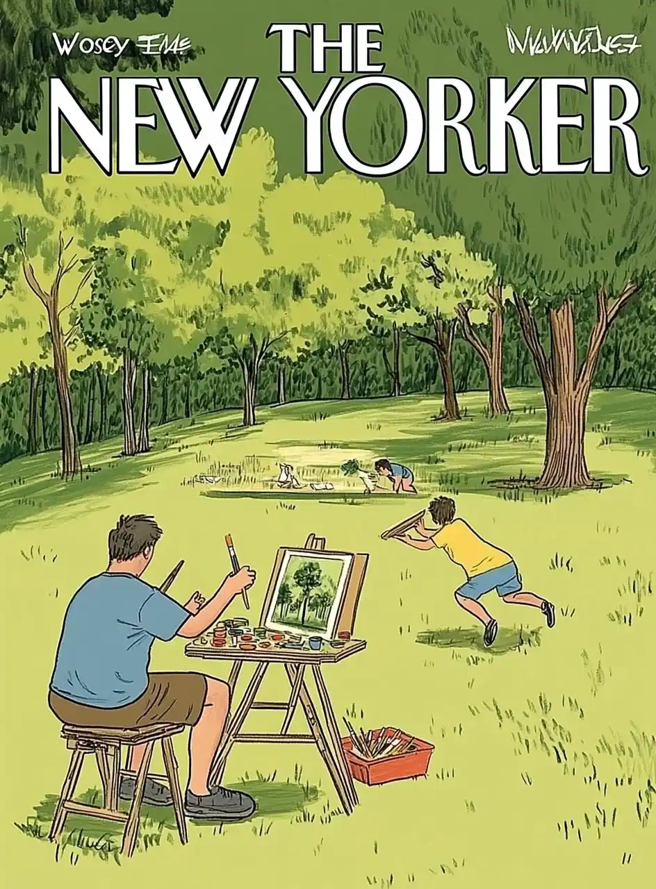 New Yorker Cartoon Park Scene Midjourney提示词