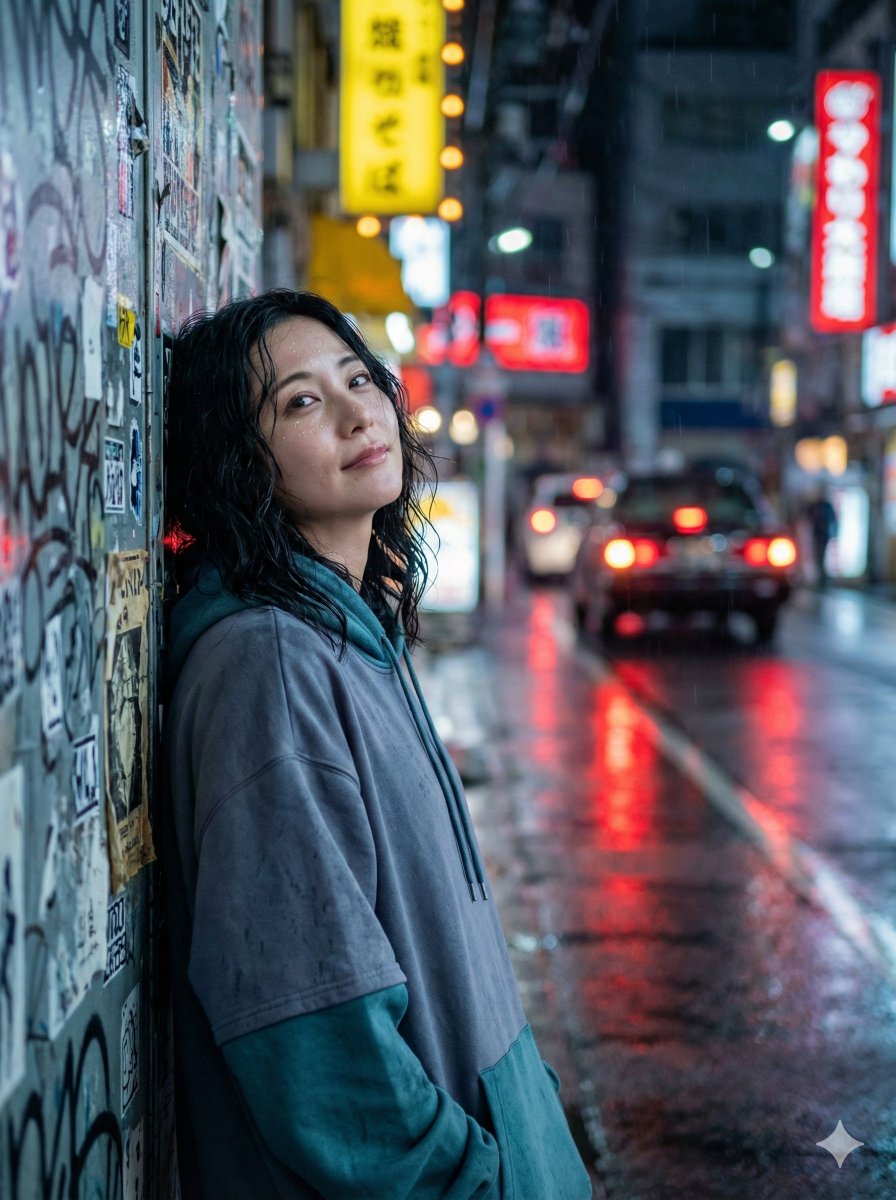 Moody Cinematic Portrait of Woman on Rainy City Night Nano Banana提示词