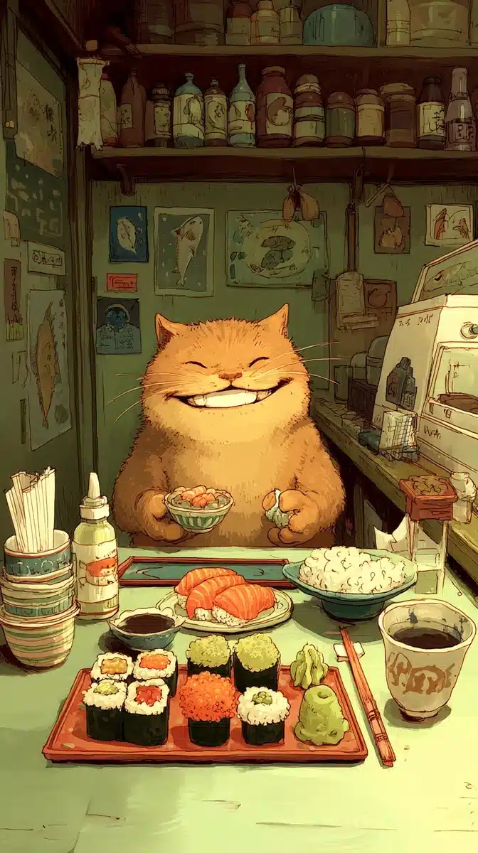 Fat Cat with Sushi Midjourney提示词