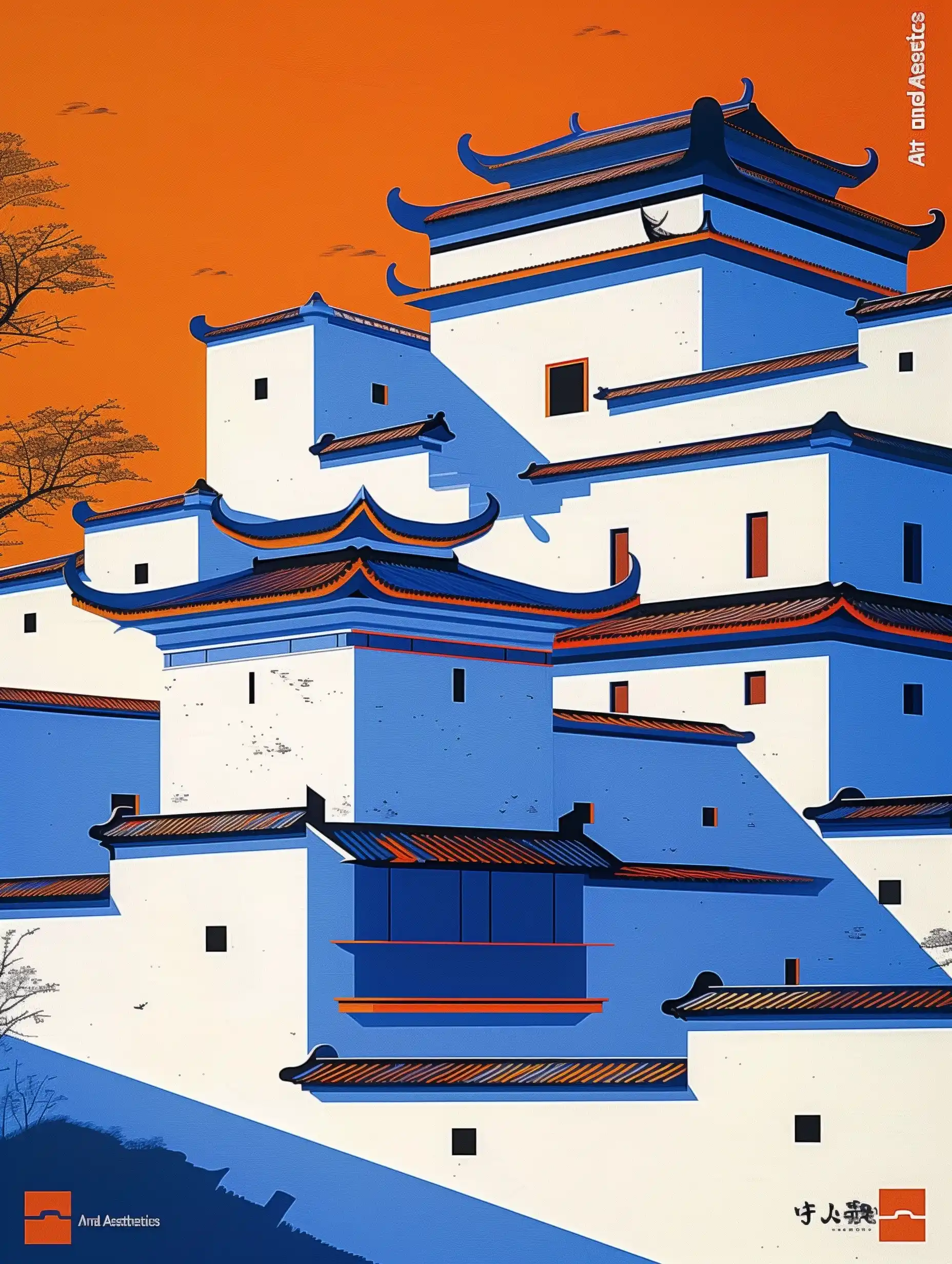Chinese Architecture Poster Geometric Horace Midjourney提示词