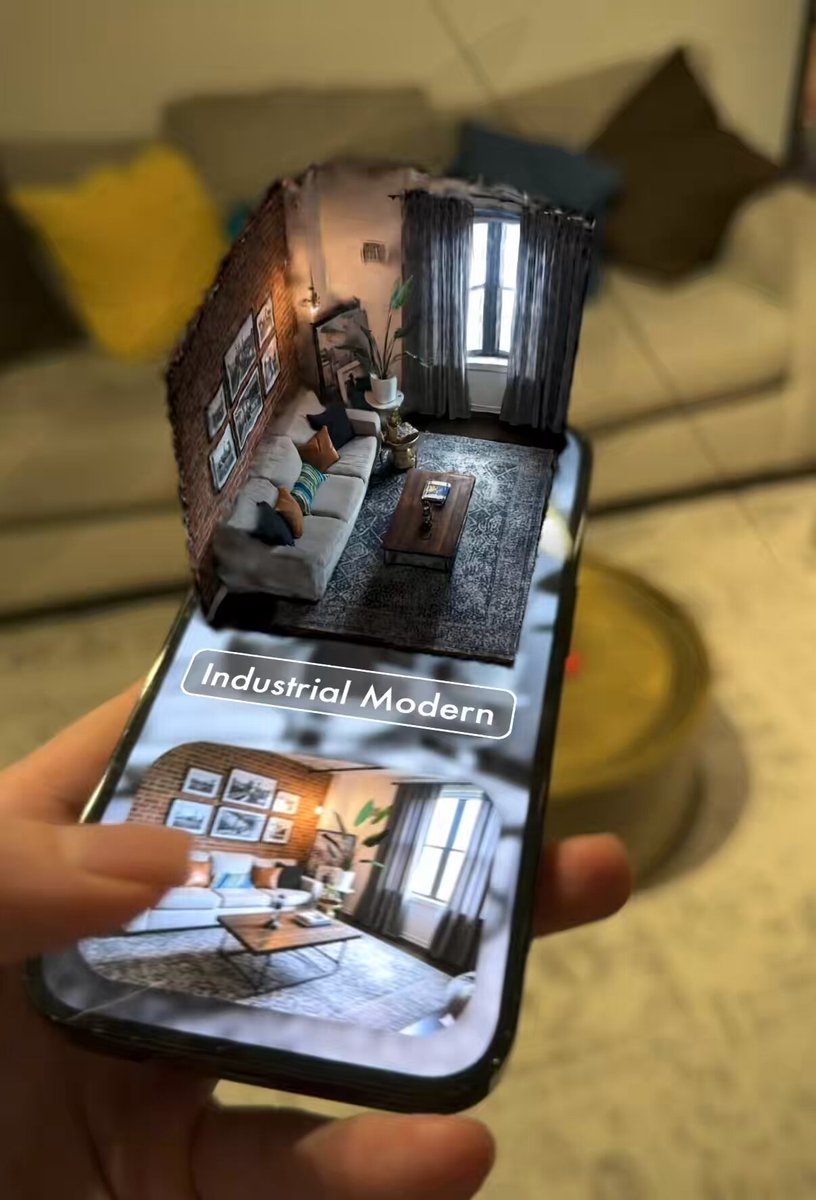 AR Interior Design: Industrial Modern Living Room on Phone Nano Banana提示词