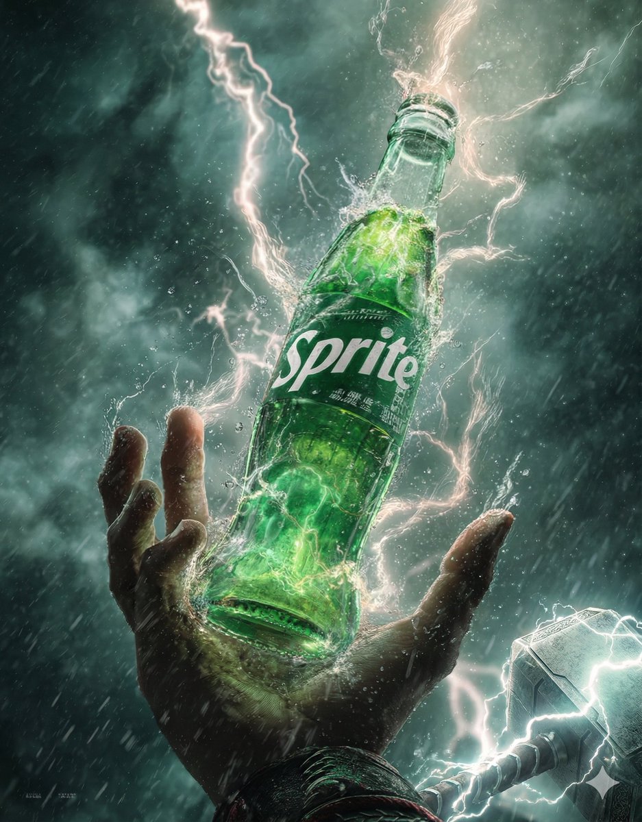 Thor's Hand Grips Electrified Sprite Bottle in Storm Nano Banana提示词
