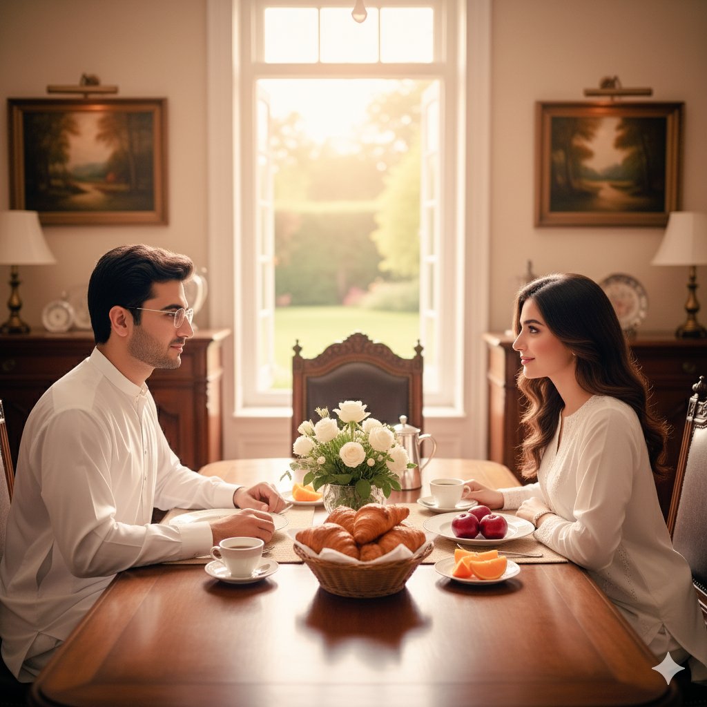 Elegant Couple Breakfast in Serene Dining Room Nano Banana提示词