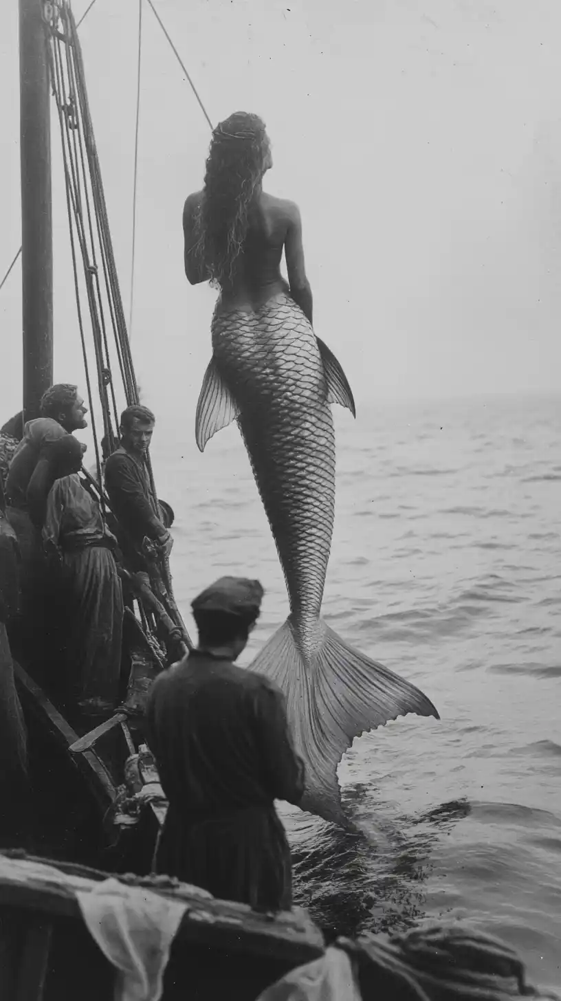 Vintage Mermaid Fishing Scene Midjourney提示词